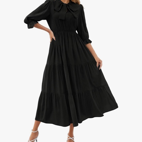 NWT Women's Casual Half Sleeve Tie V Neck Elastic High Neck Dress Black Size S - Picture 1 of 7